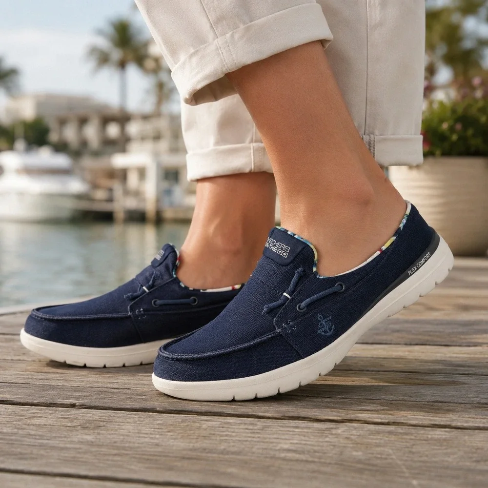 Skechers On-The-GO Flex Saltwater Women's Size 9 Navy Canvas Boat Shoes 136496